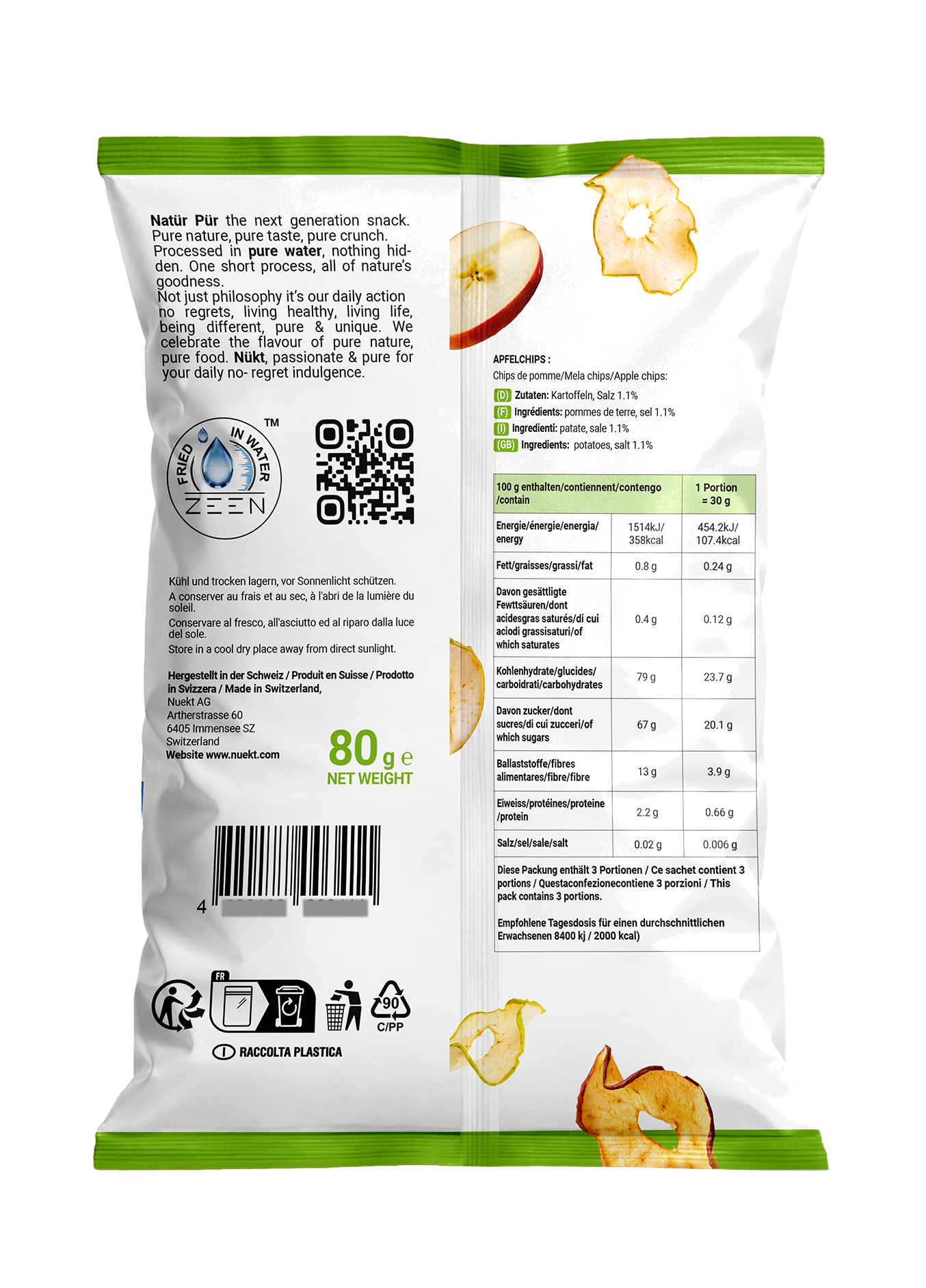 Back of the NÜKT Apfel bag with the ingredient list and nutrition table