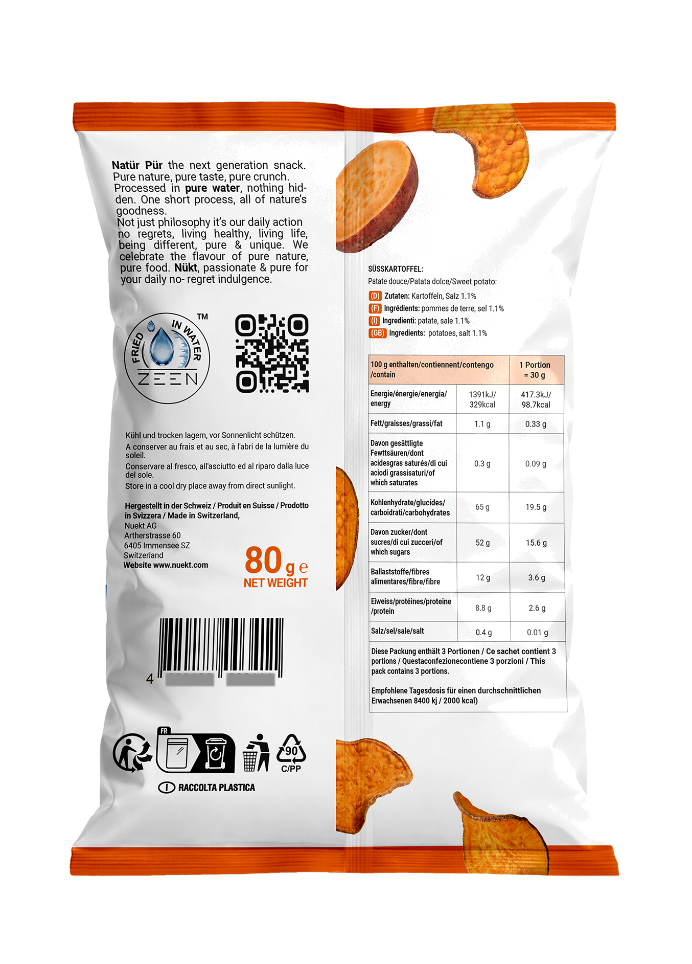 Back of the NÜKT Süsskartoffel bag with the ingredient list and nutrition table