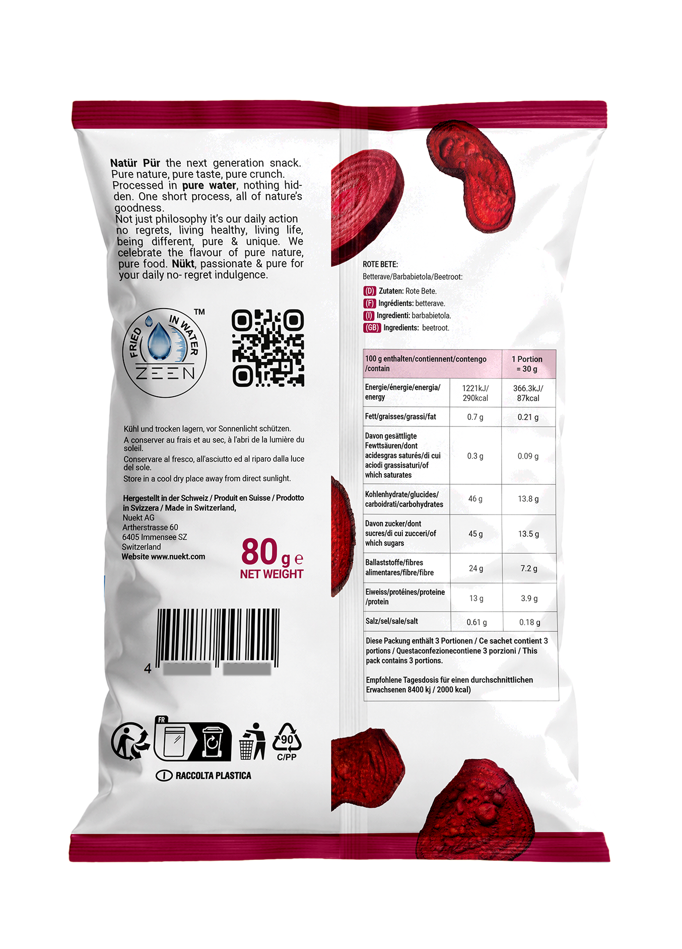 Back of the NÜKT Rote Bete bag with the ingredient list and nutrition table