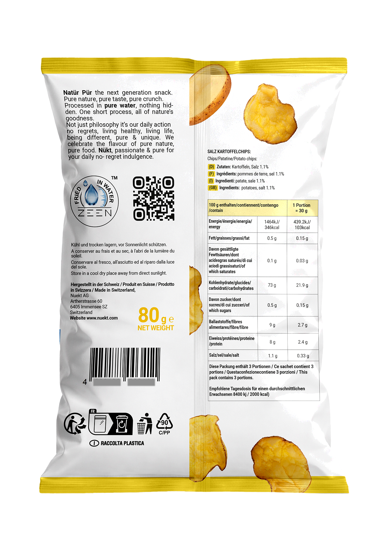 Back of the NÜKT Salz bag with the ingredient list and nutrition table